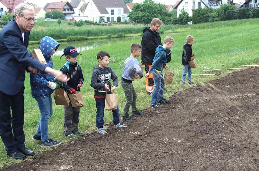 German Hacker (l.) half den Kindern beim Verteilen des Saatguts. Foto: Richard Sänger